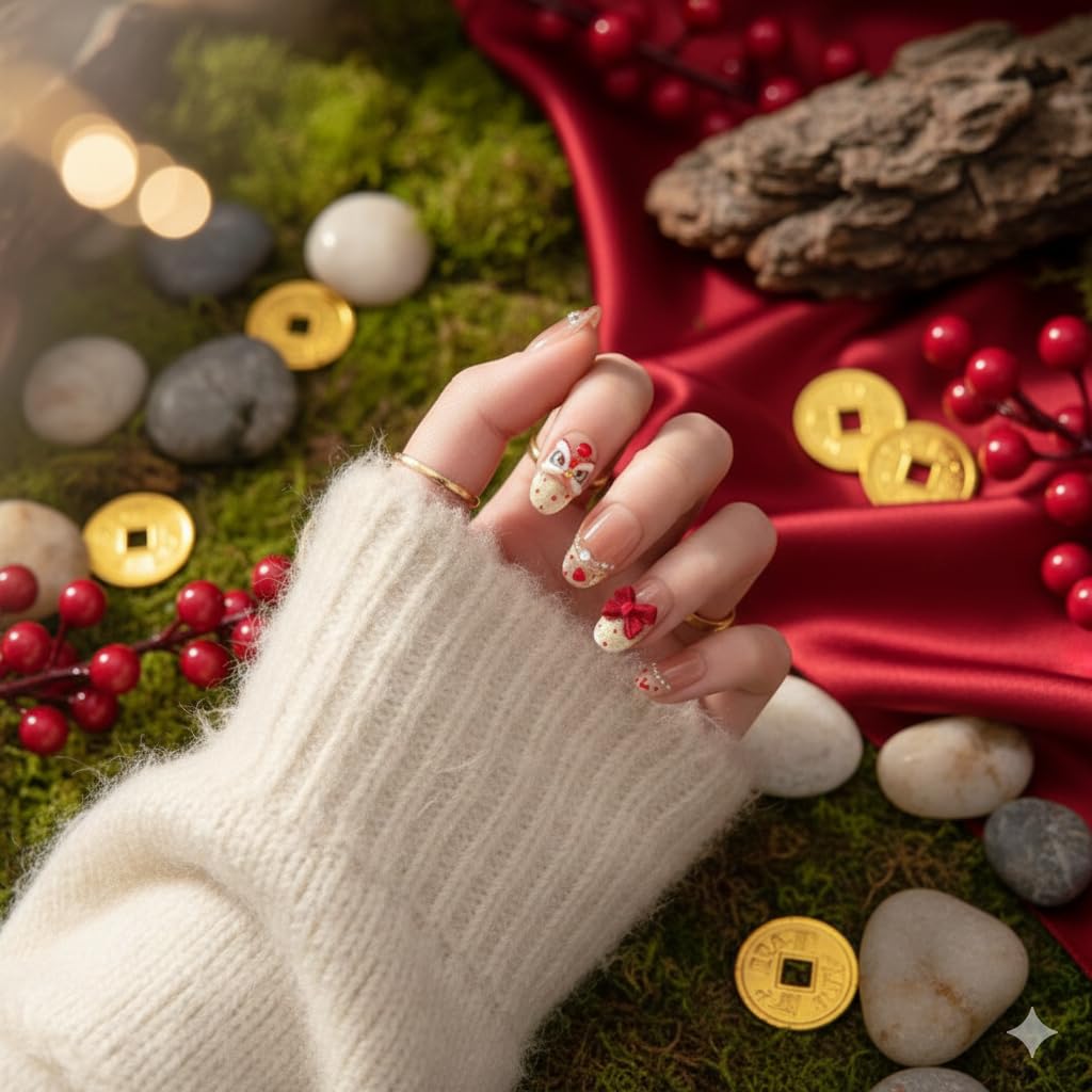 Lucky Charm Press-On Nails - Nude with Red Hearts & Bow Accents