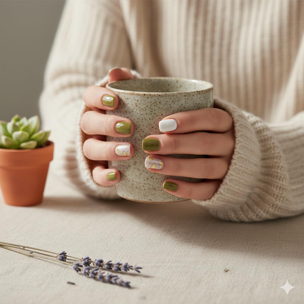 Olive Green Press-On Nails with Gold Glitter Accents -24 Pcs