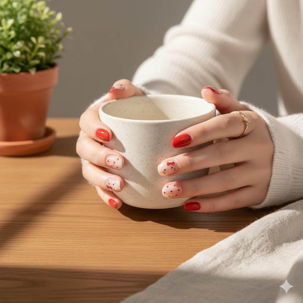 Press-On Nails - Red & White with Cute Character Accents