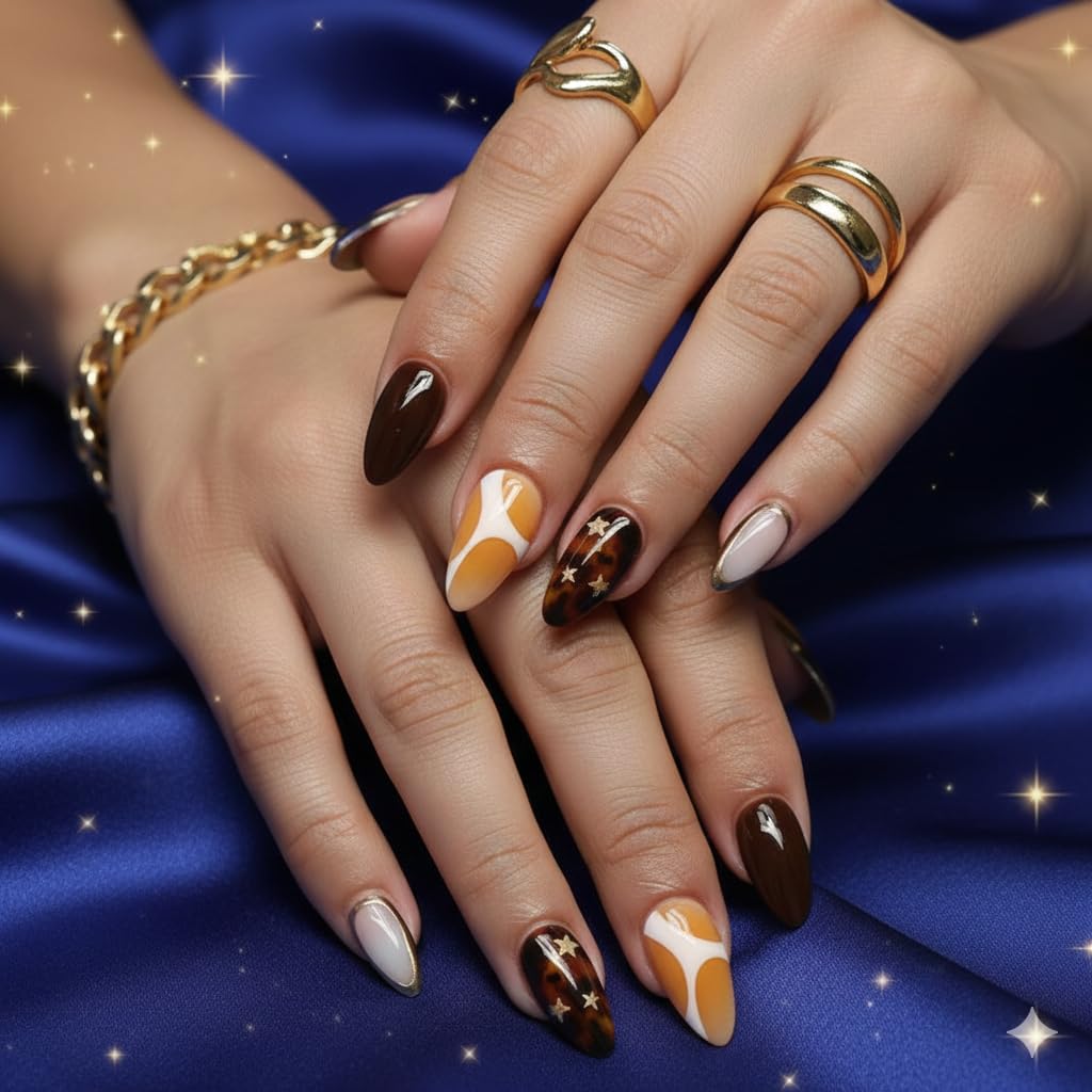 Mustard Blue Swirl Press-On Nails - Navy, Mustard & Nude with Gold Shell & Star Accents