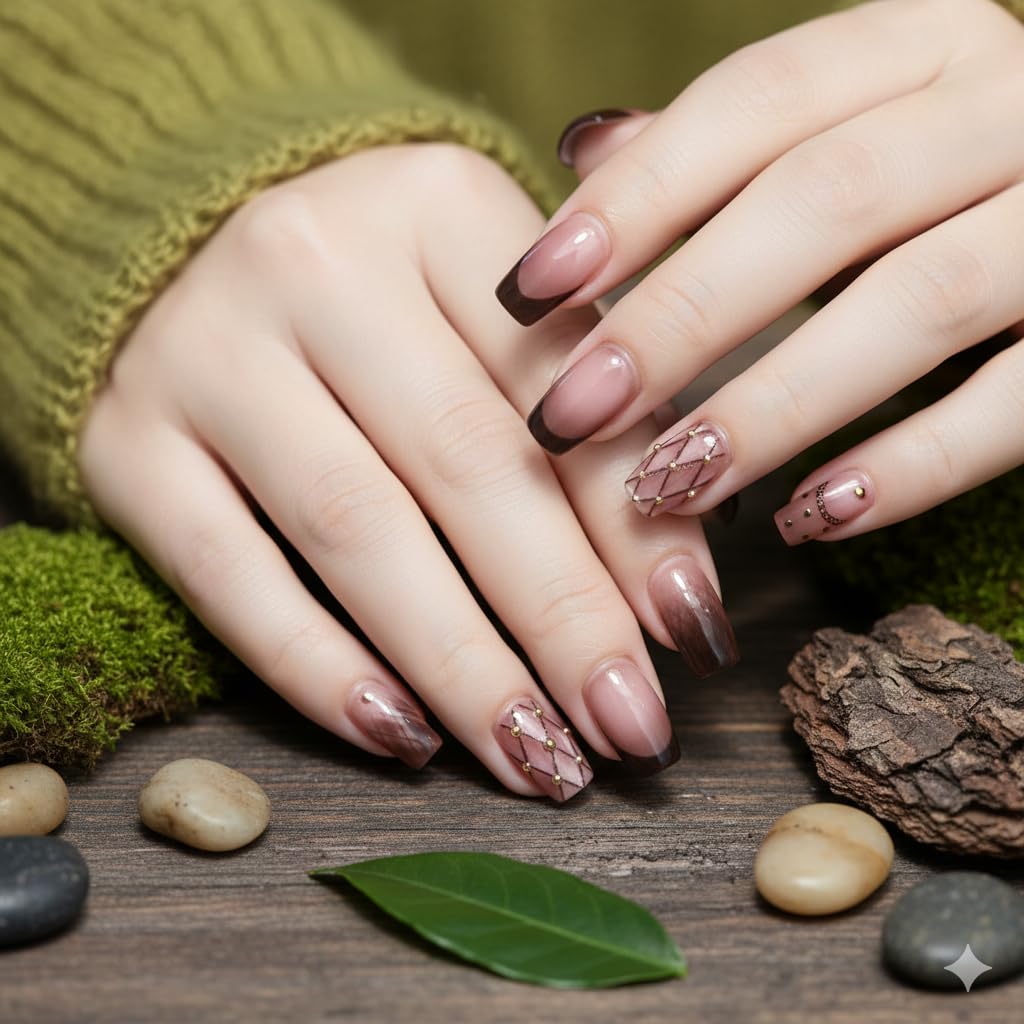 Burgundy Ombre Press-On Nails - Geometric Design (24pcs)