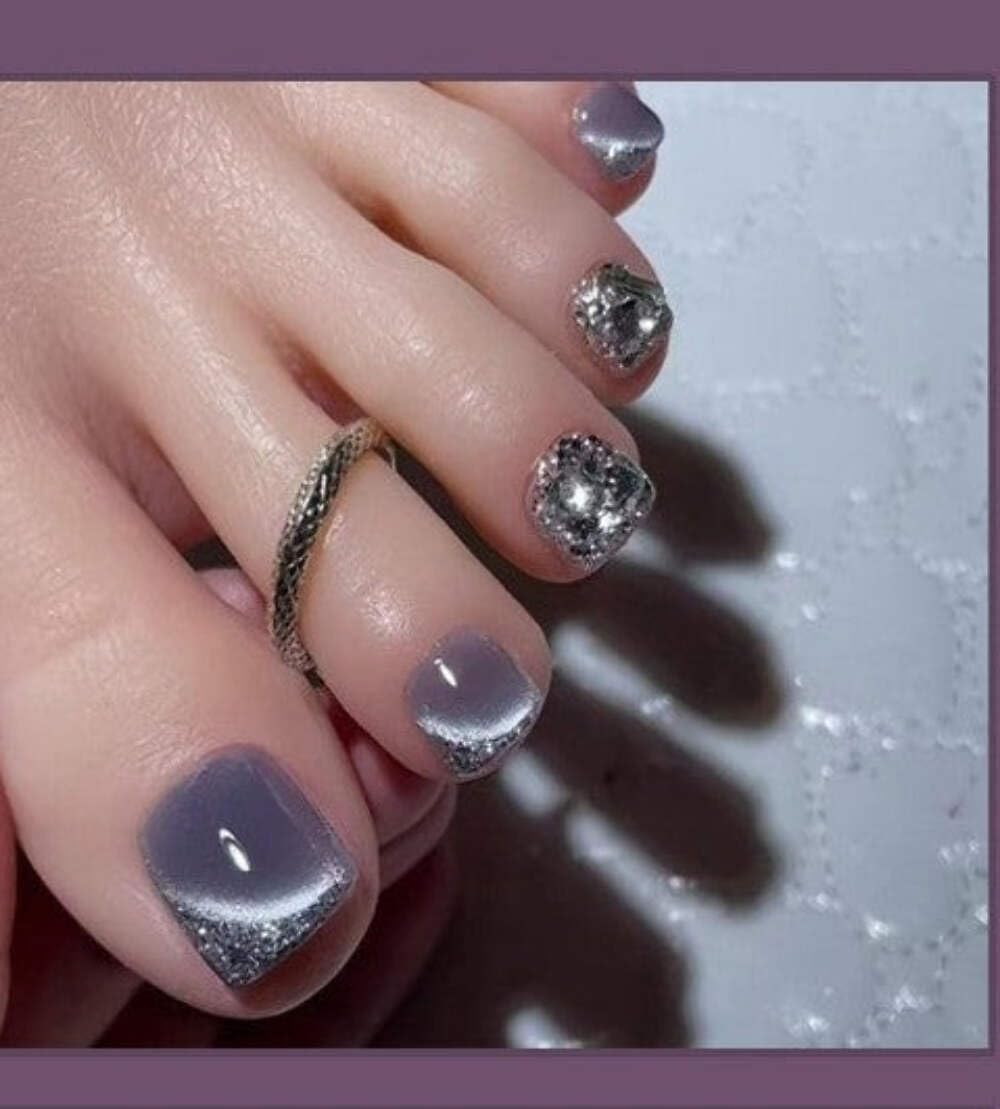 Purple & Silver Glitter Press-On Toenails (24 Pcs) – Glam DIY Toenails