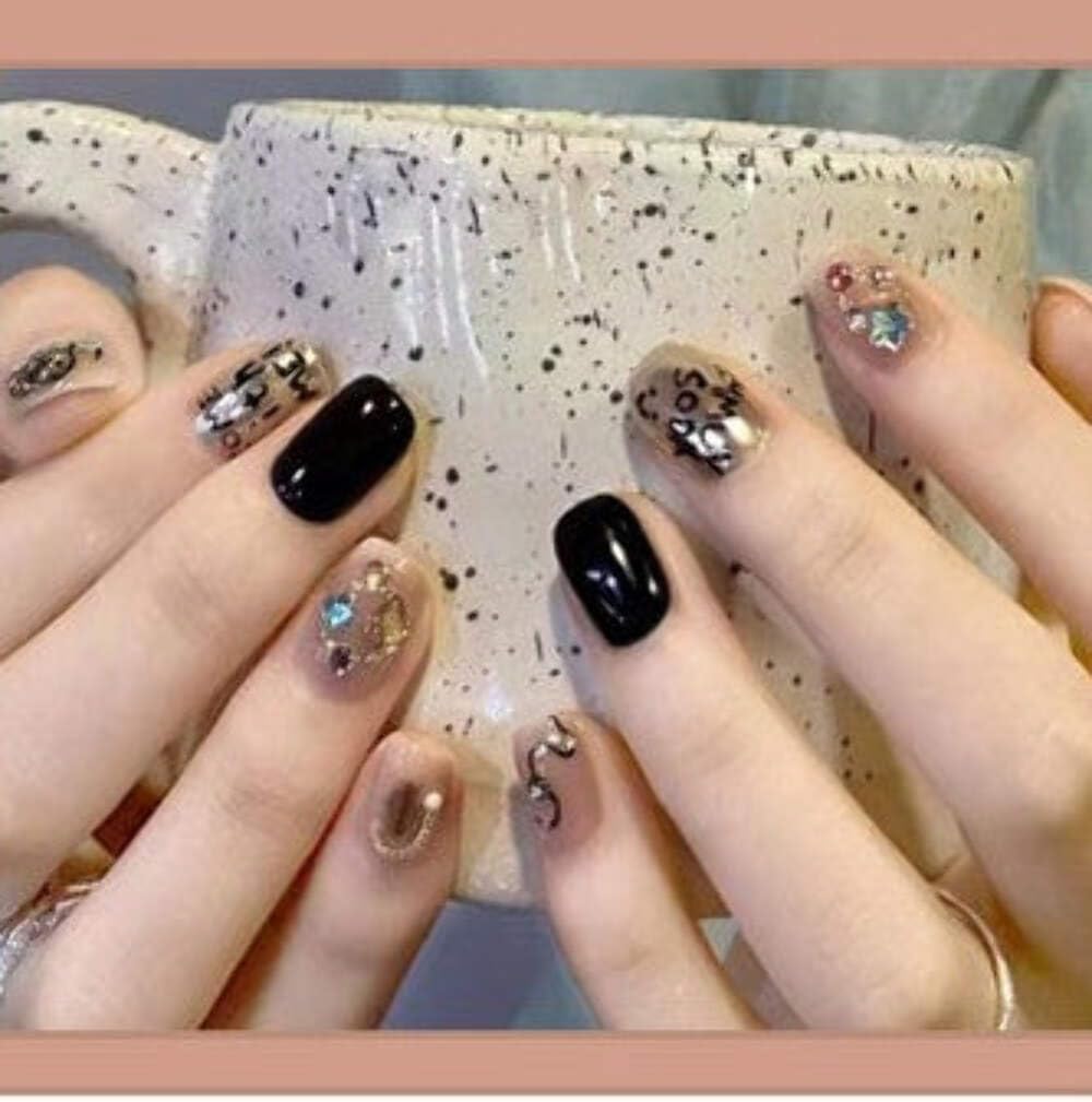 Nude Black Butterfly Press-On Nails - Beige & Black with Butterfly & Flower Art