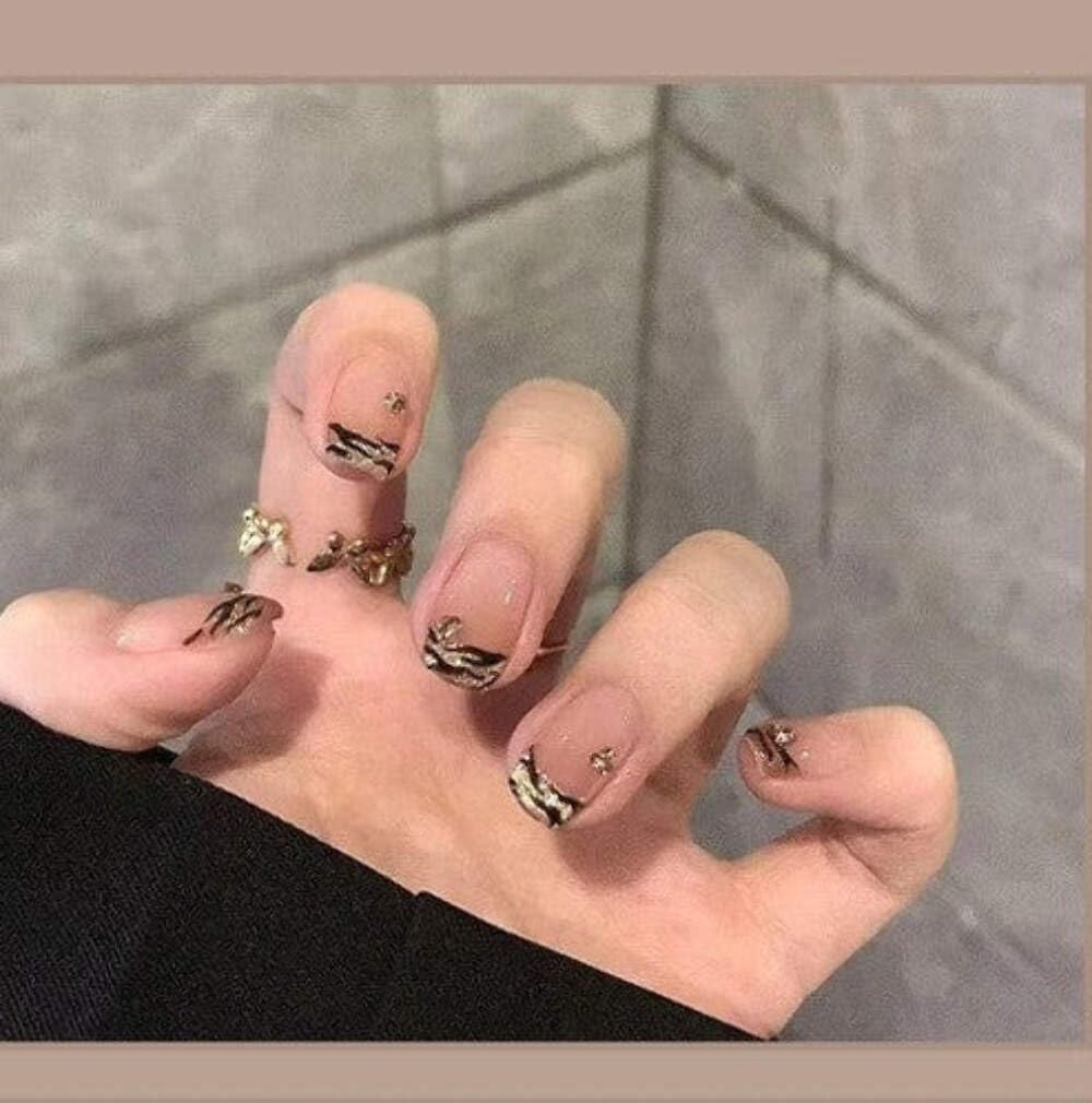 Nude Gold Leaf French Tip Press-On Nails - Soft Pink with Gold Foil & Crystal Accents