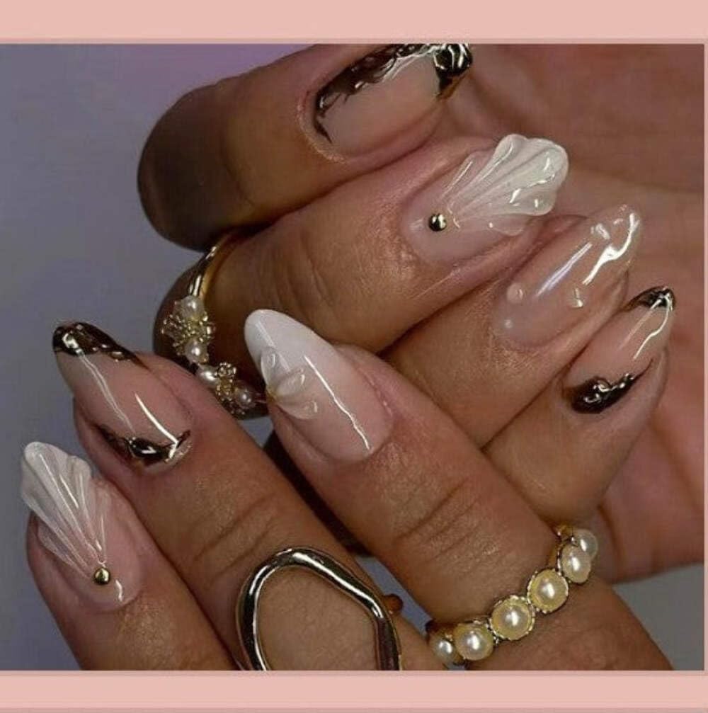 Nude Gold Marble Press-On Nails - Soft Pink with Brown Gold Marble & Crystal Accents