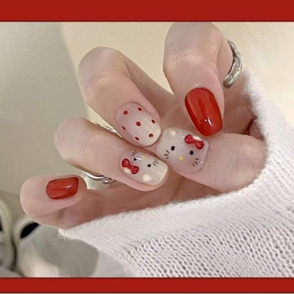Press-On Nails - Red & White with Cute Character Accents
