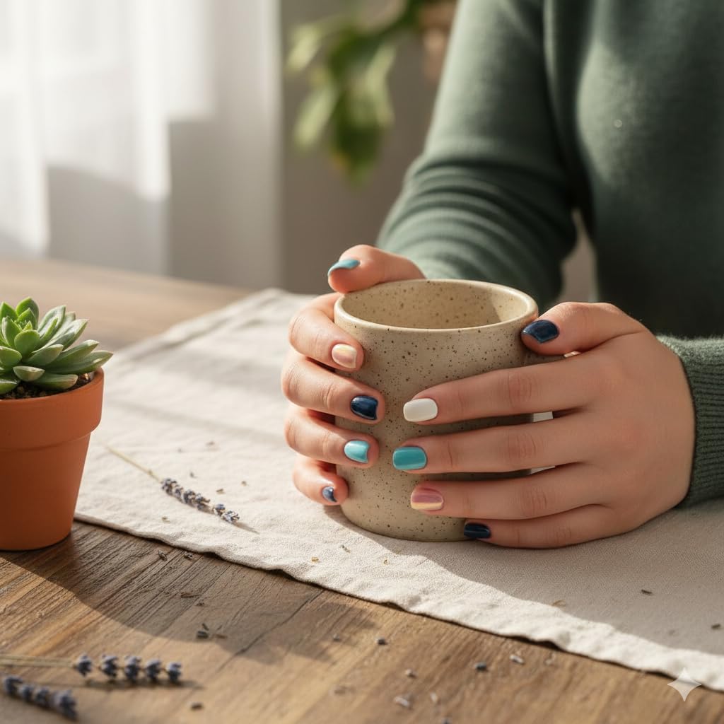 Colorful Mix Press-On Nails - Teal Navy Peach White - 24 Pcs
