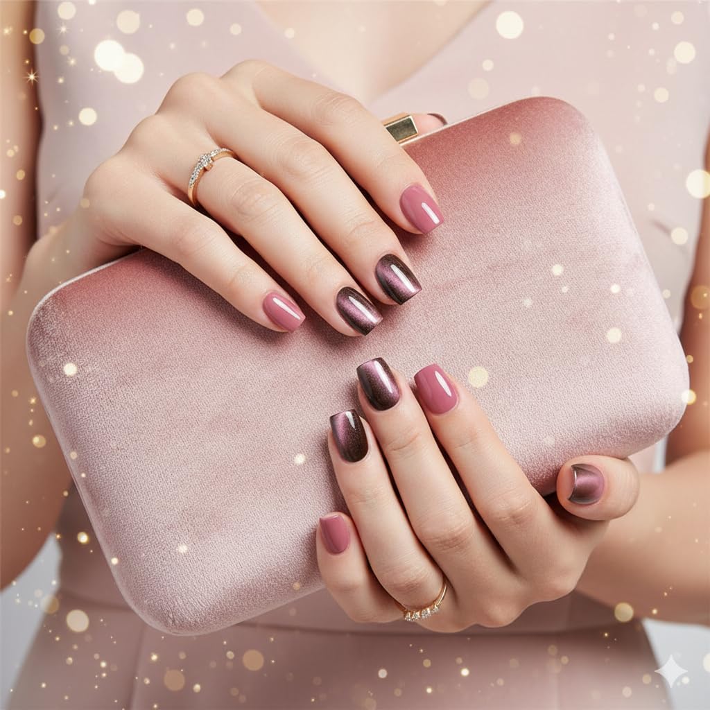 Mauve Chrome Press-On Nails with Chocolate Brown - 24 Pcs