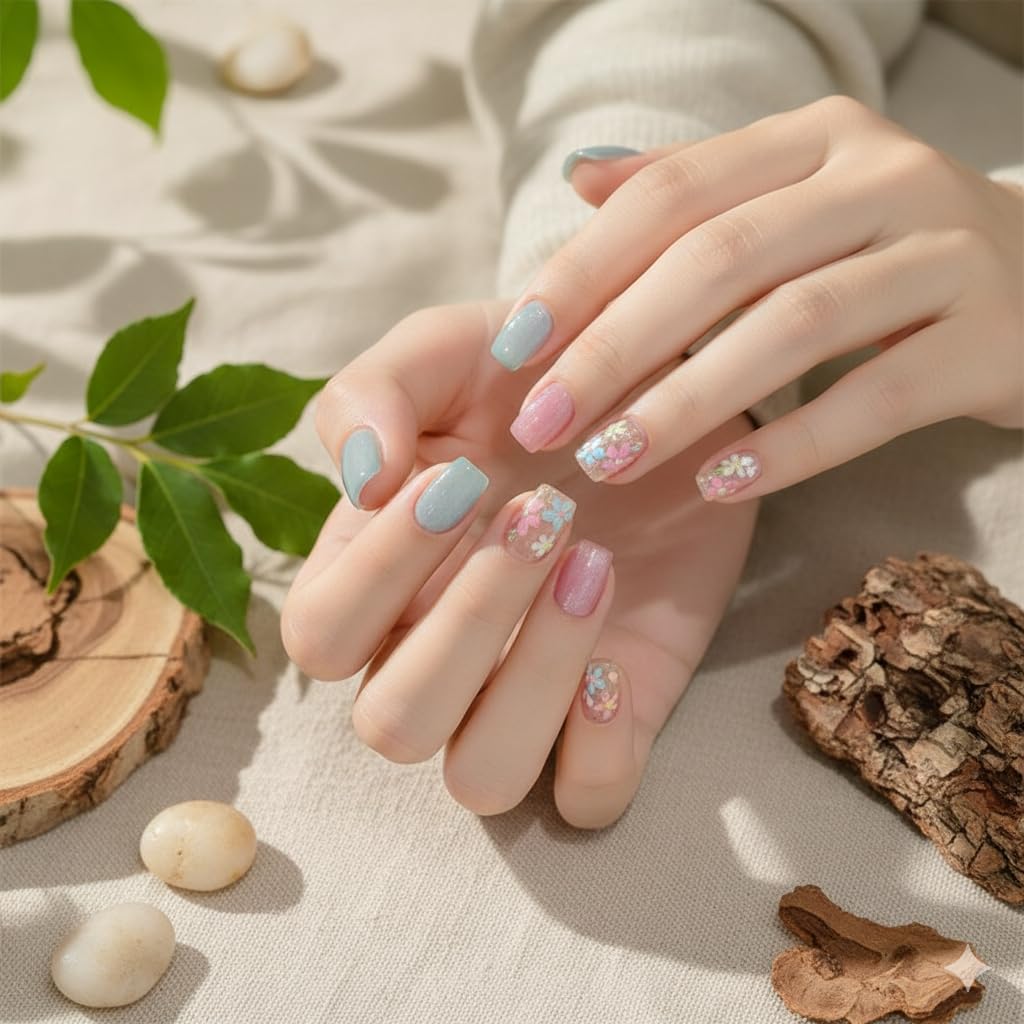 Pastel Floral Press-On Nails - Blue & Pink (24pcs)