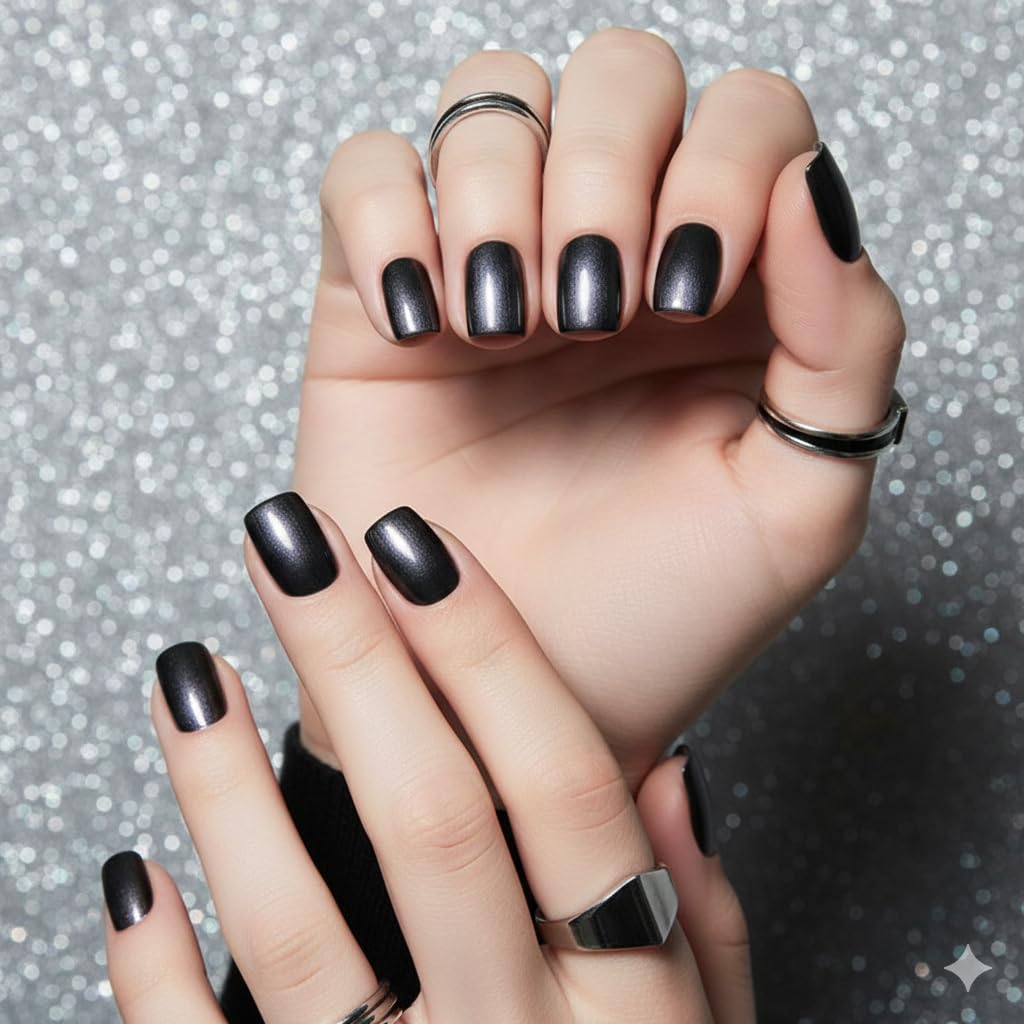 Midnight Chrome Press-On Nails - Black Metallic Shimmer