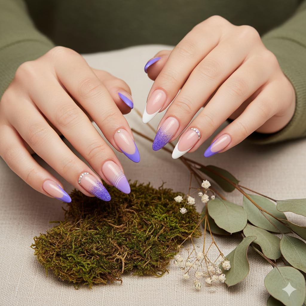 Purple Ombre Glitter Press-On Nails - Nude to Lavender Gradient with Sparkle