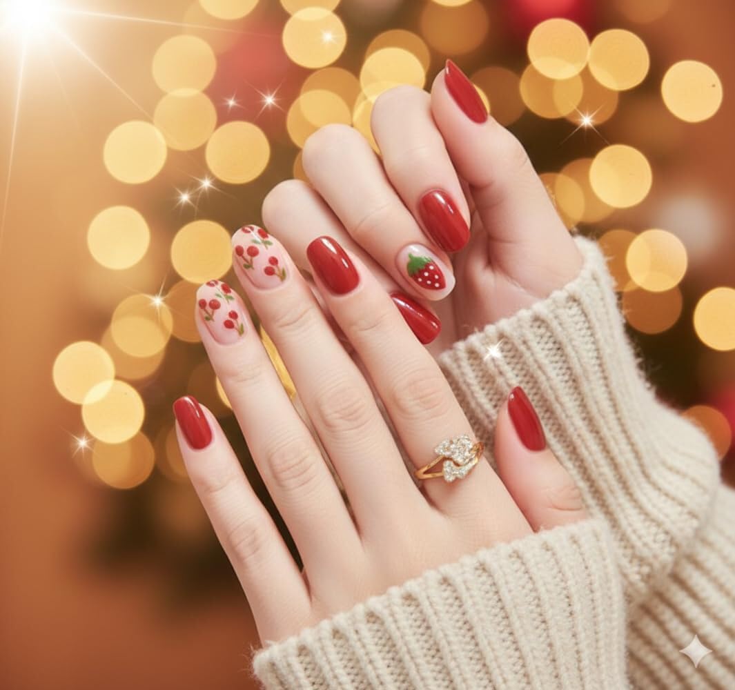Berry Delight Press-On Nails - Red with Strawberry & Cherry Accents