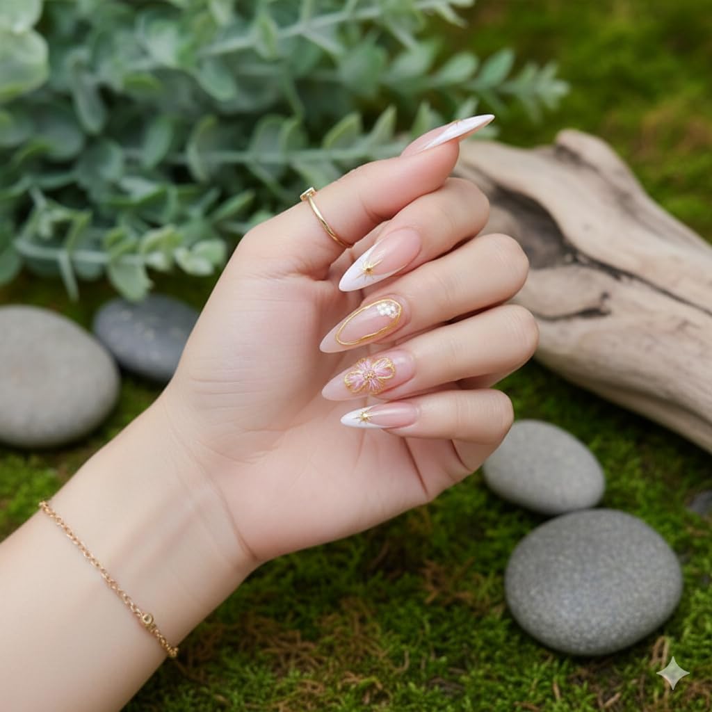 Pink Ombre French Tip Press-On Nails - Nude to White with Gold Flower & Star Accents