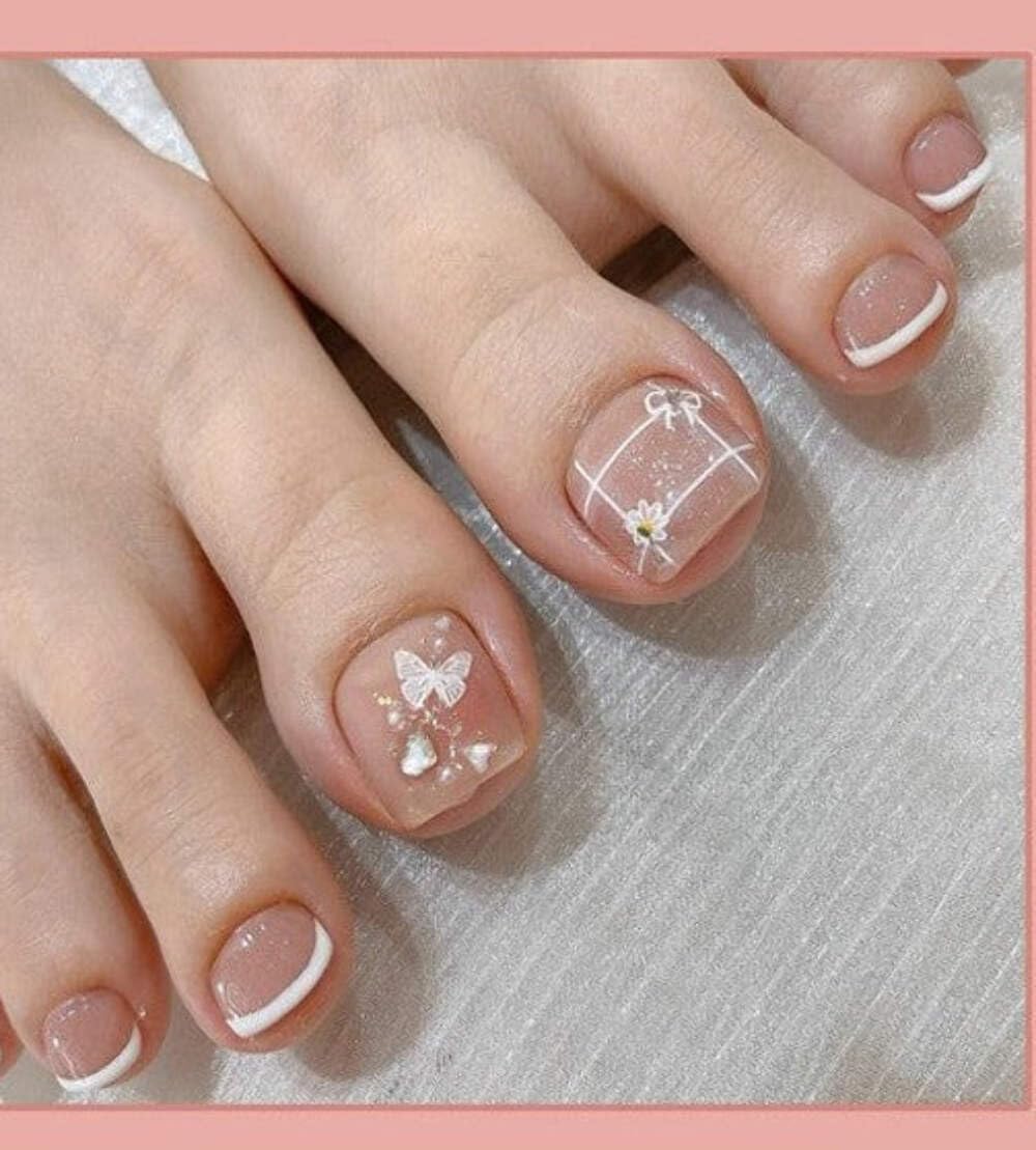 Butterfly French Tip Press-On Toenails (24 Pcs) – Cute DIY Nail Set