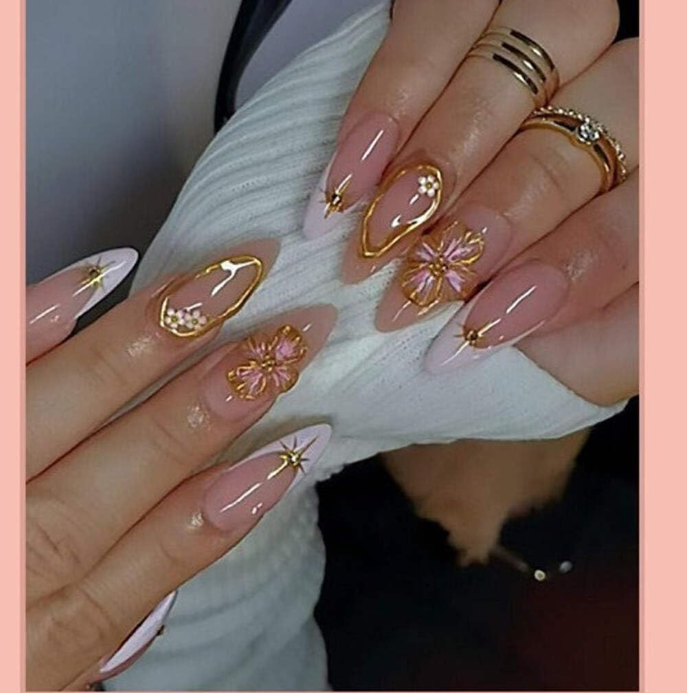 Pink Ombre French Tip Press-On Nails - Nude to White with Gold Flower & Star Accents