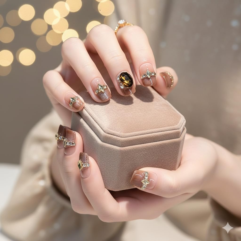 Luxe Nude Press-On Nails with Gold Accents & Gemstones - 24 Pcs