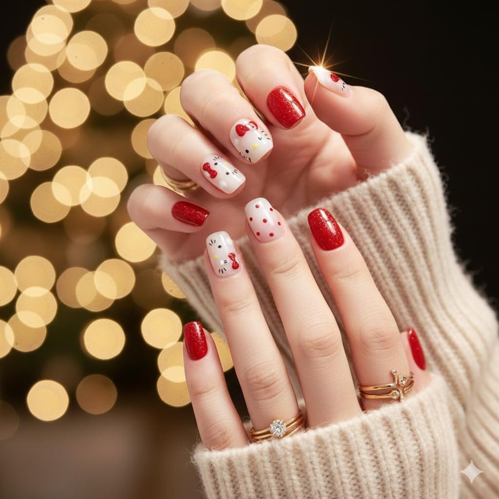 Press-On Nails - Red & White with Cute Character Accents