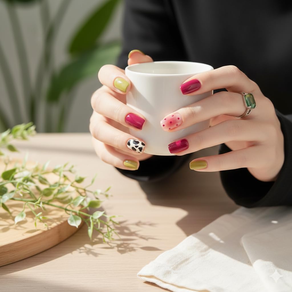 Wild Berry Mix Press-On Nails - Burgundy, Pink, Olive & Cow Print