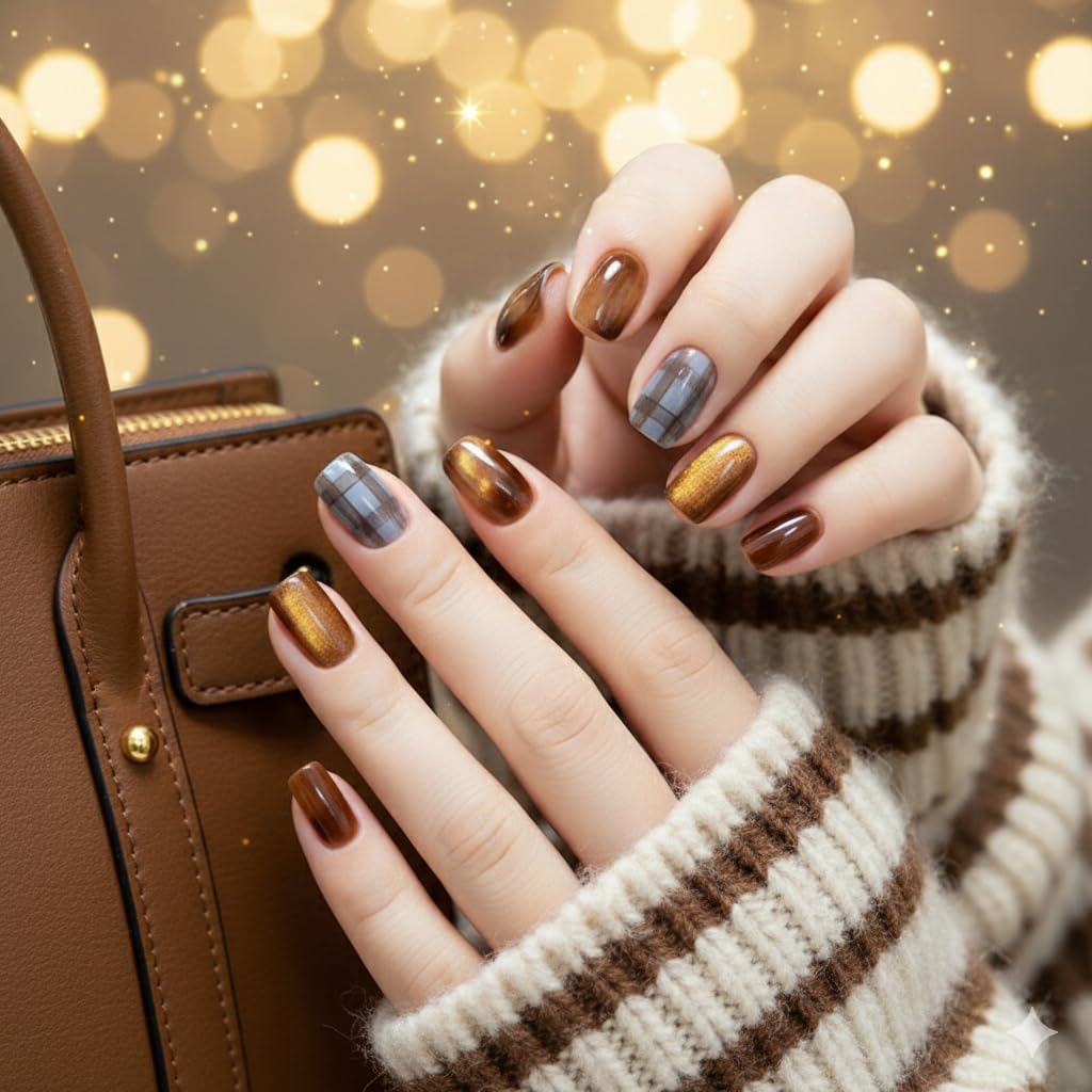 Brown Chrome Press-On Nails with Plaid Accents - 24 Pcs