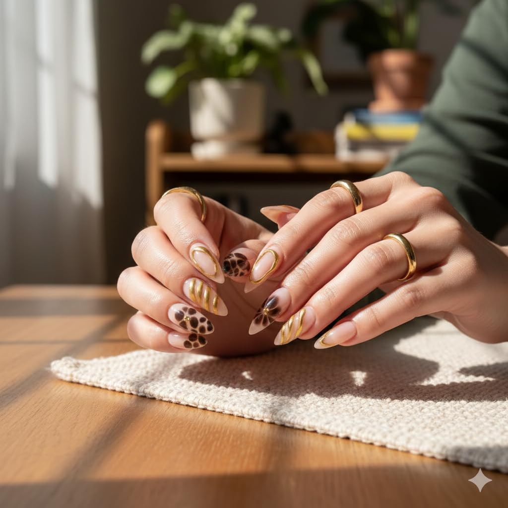 Nude Animal Print Press-On Nails - Cream with Leopard & Zebra Gold Accents