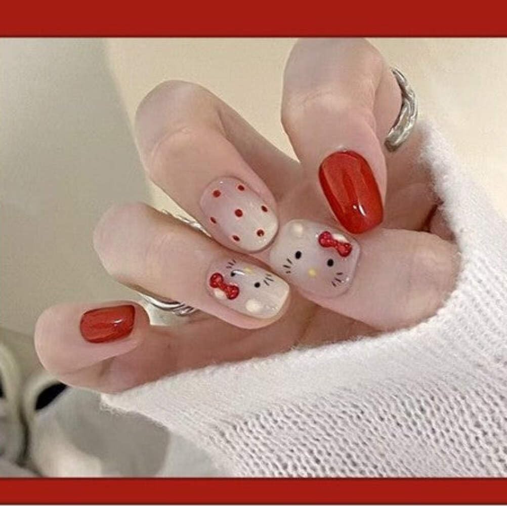 Hello Kitty Press-On Nails - Red & White with Cute Character Accents