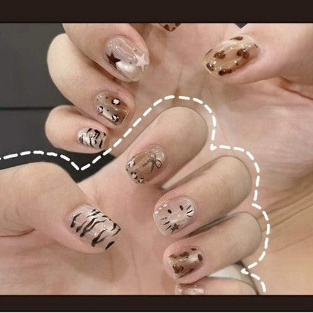 Wild Safari Press-On Nails - Nude with Leopard Print & Zebra Accents