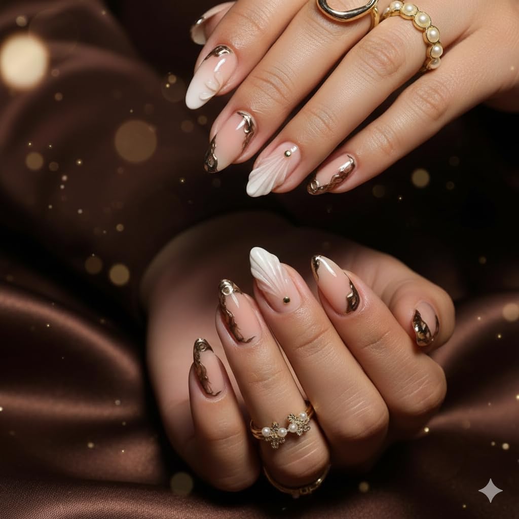 Nude Gold Marble Press-On Nails - Soft Pink with Brown Gold Marble & Crystal Accents