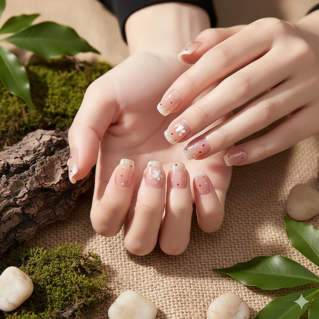 Delicate Daisy Press-On Nails - Nude with White Floral Accents
