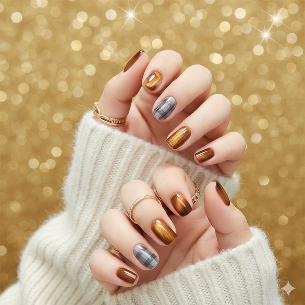 Brown Chrome Press-On Nails with Plaid Accents - 24 Pcs