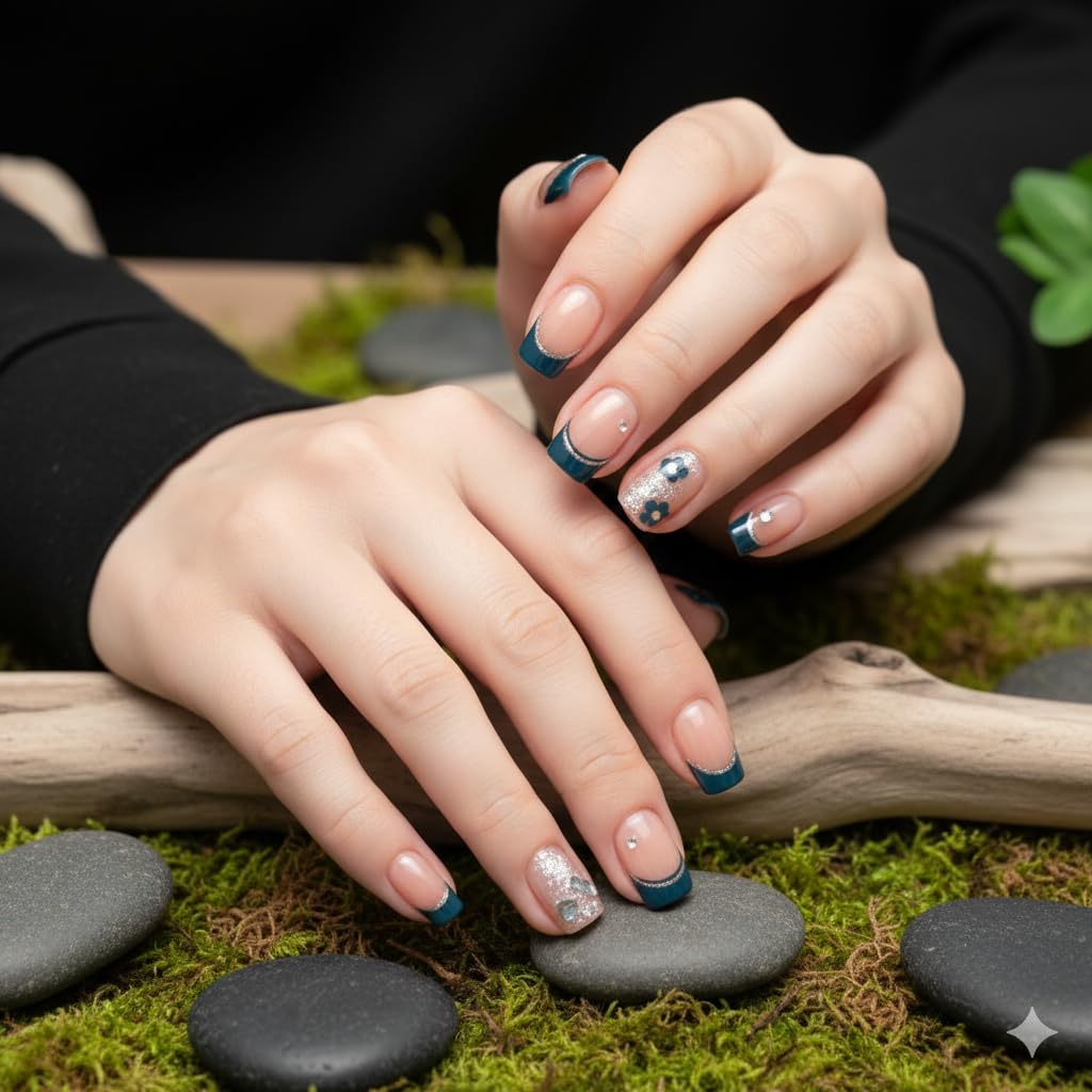 Teal French Tip Press-On Nails - Nude with Deep Teal Tips & Flower Accents