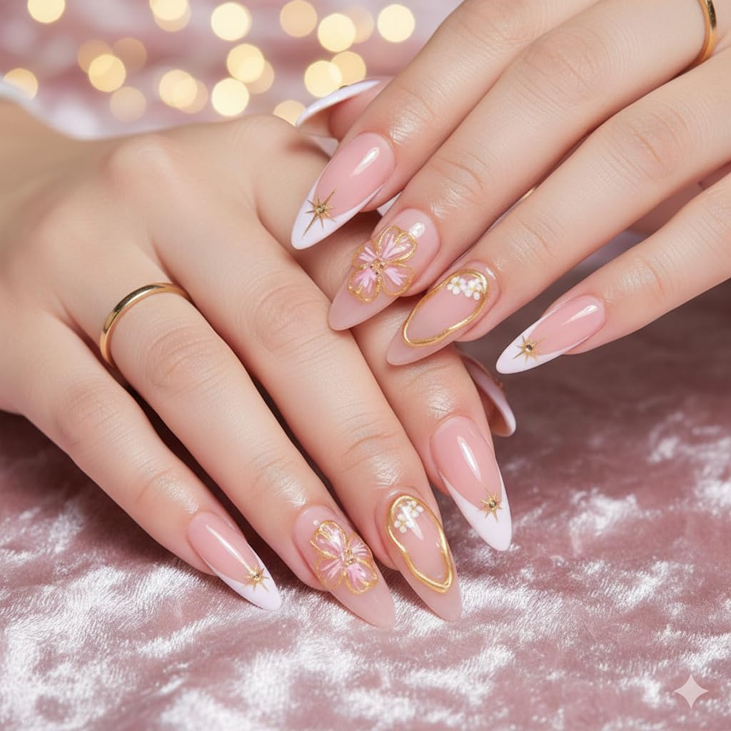 Pink Ombre French Tip Press-On Nails - Nude to White with Gold Flower & Star Accents