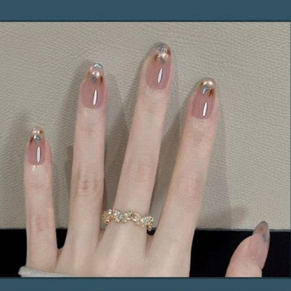 Smoky Chrome Press-On Nails - Nude with Metallic Brown Tips