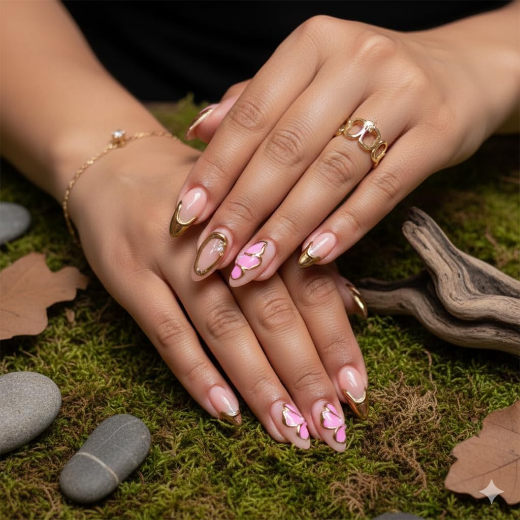 Nude Pink Butterfly Press-On Nails - Soft Pink with Gold Trim & 3D Butterfly Accents