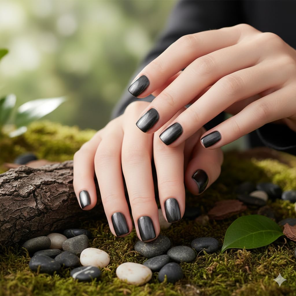 Midnight Chrome Press-On Nails - Black Metallic Shimmer