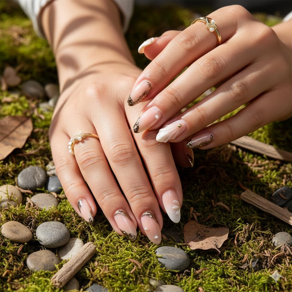 Nude Gold Marble Press-On Nails - Soft Pink with Brown Gold Marble & Crystal Accents