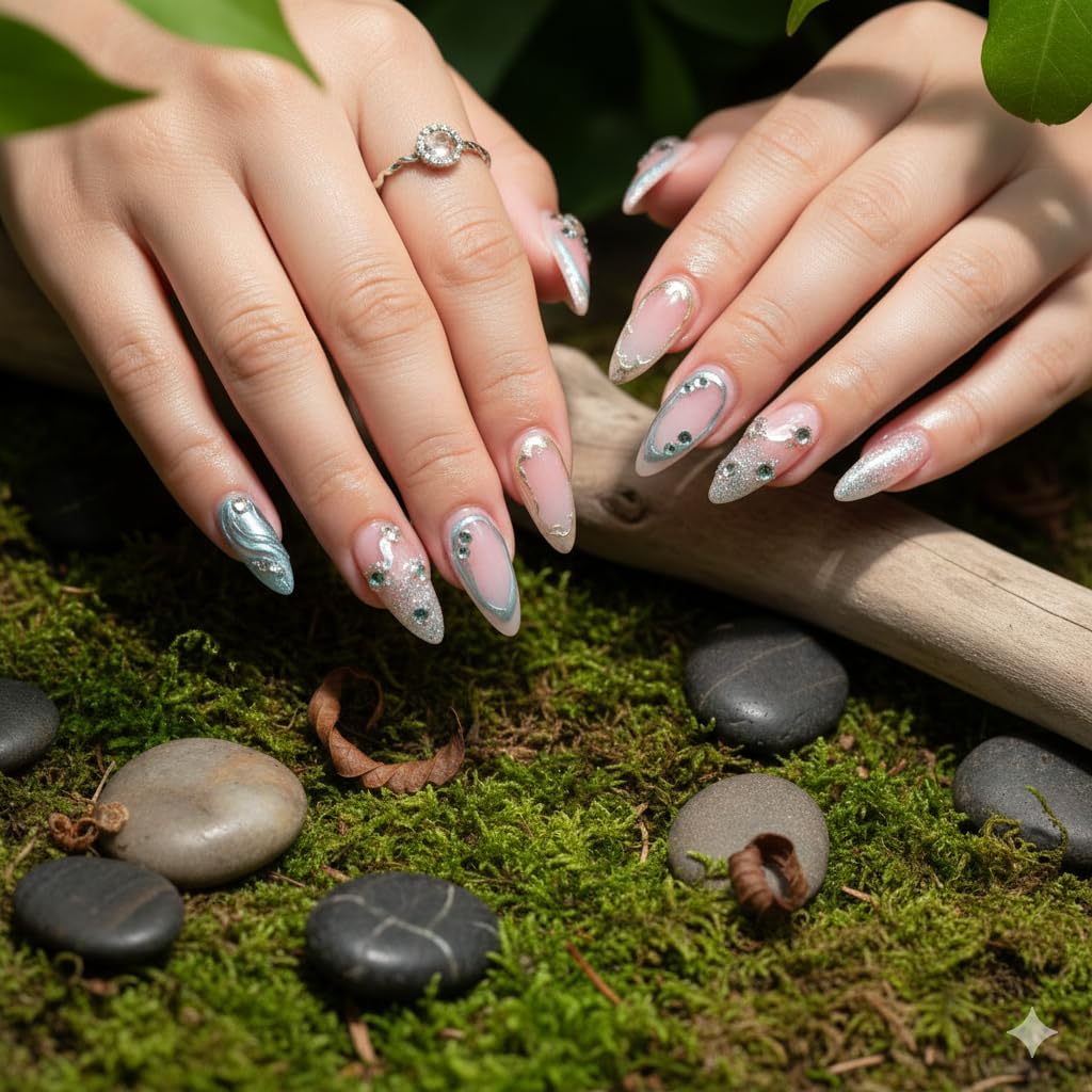 Pink & Teal Stiletto Press-On Nails – Elegant Designer Artificial Nails