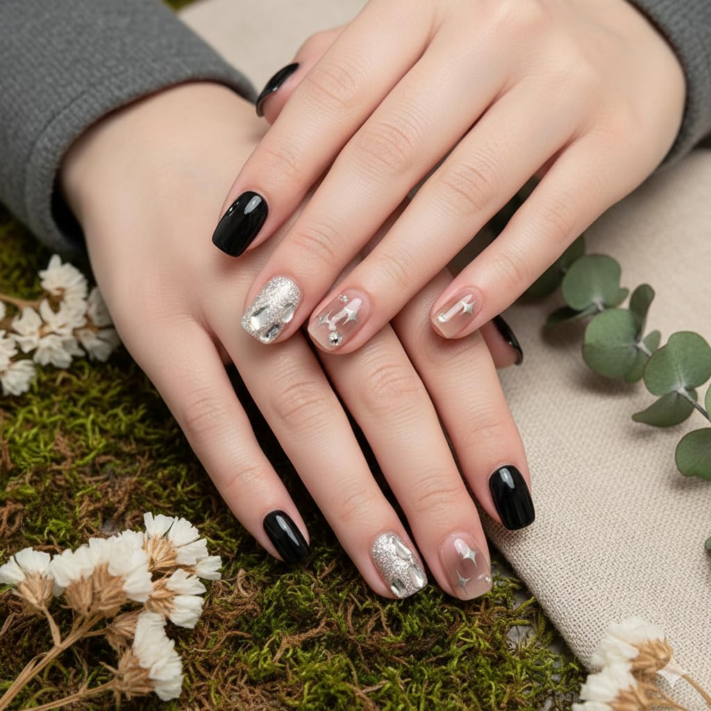 Silver Glam Star Press-On Nails - Black & Nude with Silver Glitter & Star Accents