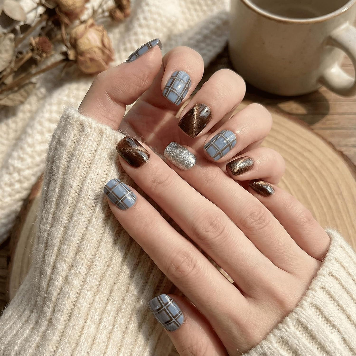 Plaid Press-On Nails - Brown & Silver Glitter